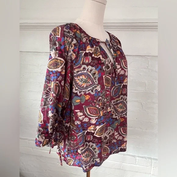 Sundance Belladonna Beauty Peasant Blouse 3/4 Sleeve Floral Cotton Top - Picture 3 of 16